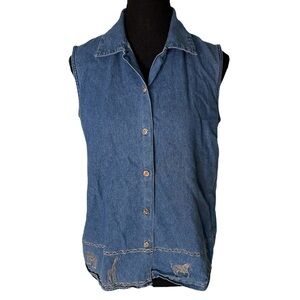 CABIN CREEK Sleeveless Denim Jean Button Down Top Safari Animal Embellish Medium